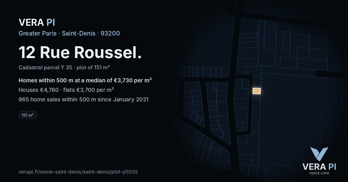 12 Rue Roussel, Saint-Denis at night – the plot lit, the parcels around coloured by the prices near them