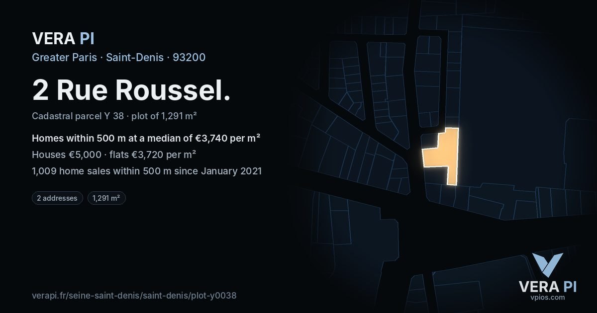 2 Rue Roussel, Saint-Denis at night – the plot lit, the parcels around coloured by the prices near them