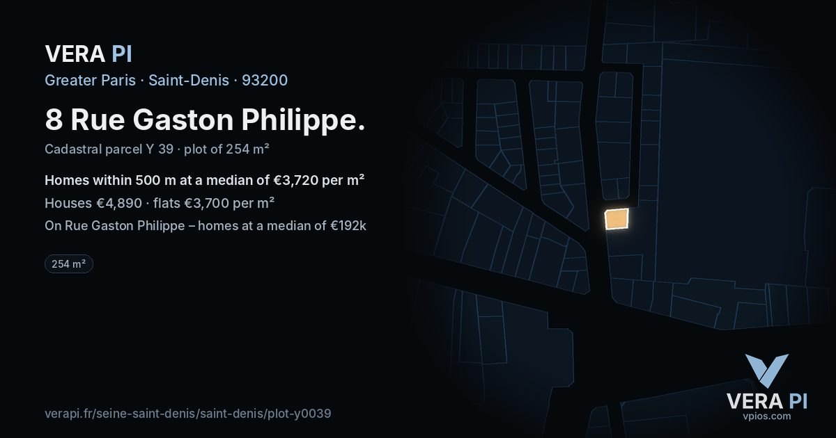 8 Rue Gaston Philippe, Saint-Denis at night – the plot lit, the parcels around coloured by the prices near them