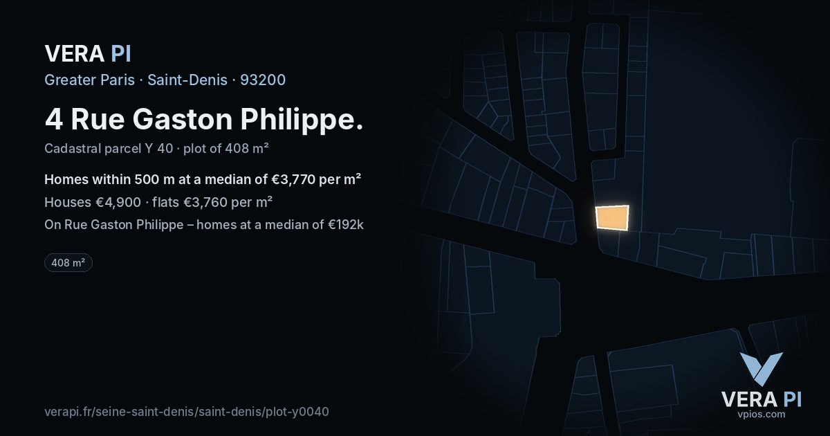 4 Rue Gaston Philippe, Saint-Denis at night – the plot lit, the parcels around coloured by the prices near them