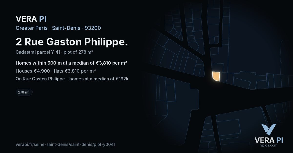 2 Rue Gaston Philippe, Saint-Denis at night – the plot lit, the parcels around coloured by the prices near them