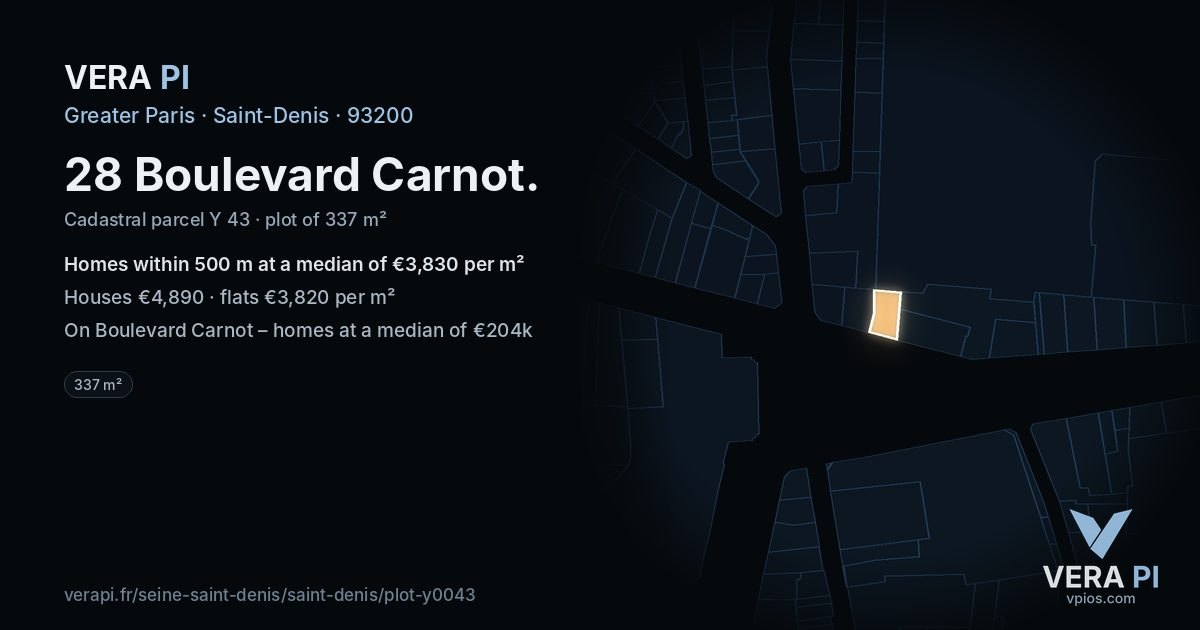 28 Boulevard Carnot, Saint-Denis at night – the plot lit, the parcels around coloured by the prices near them