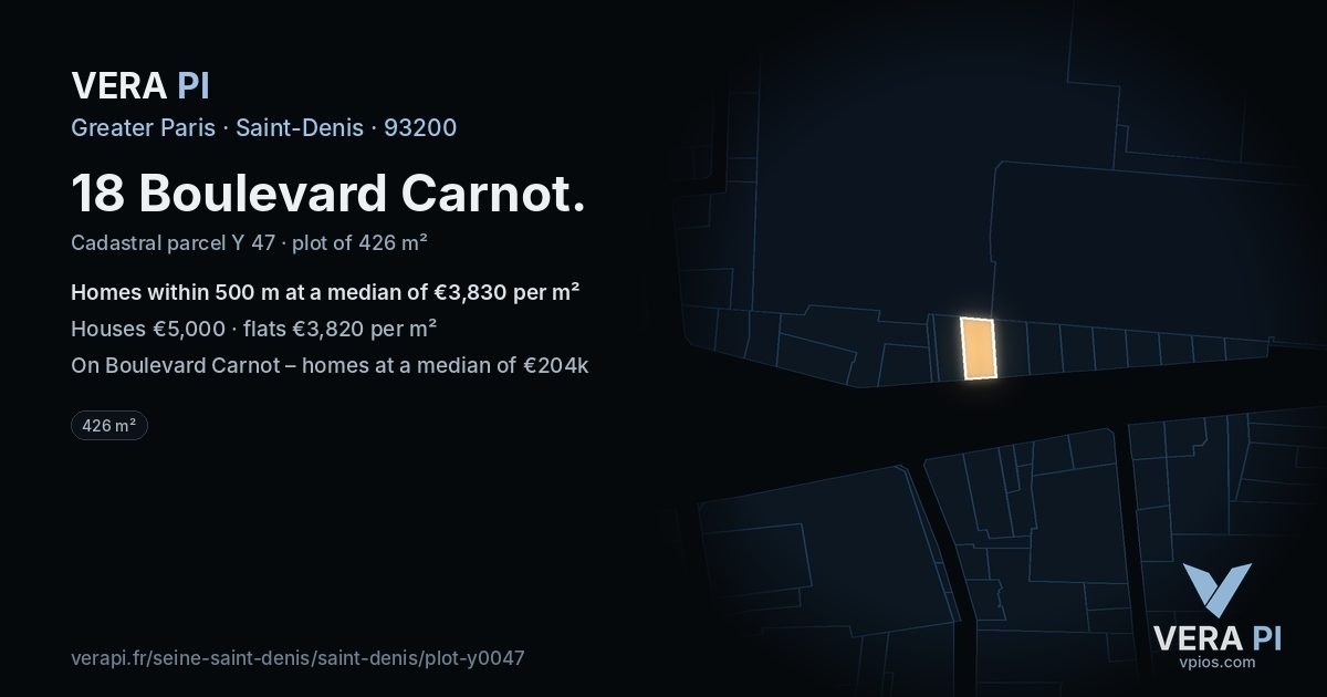 18 Boulevard Carnot, Saint-Denis at night – the plot lit, the parcels around coloured by the prices near them