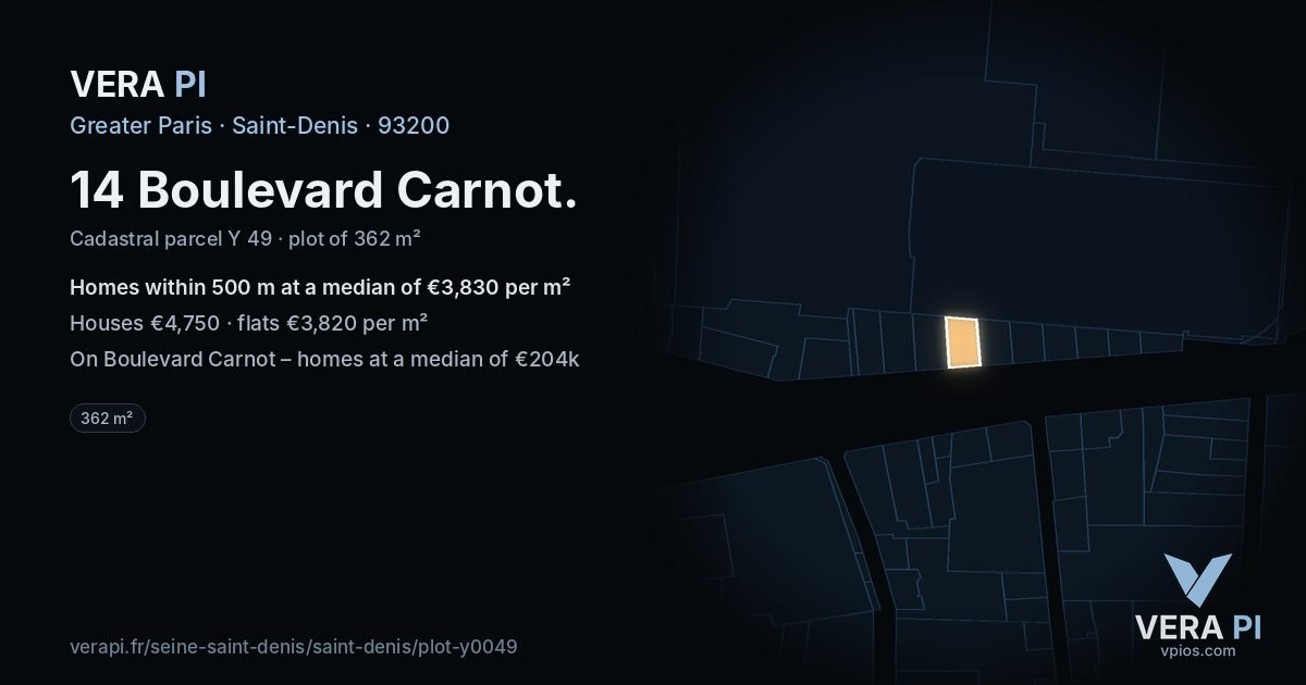 14 Boulevard Carnot, Saint-Denis at night – the plot lit, the parcels around coloured by the prices near them