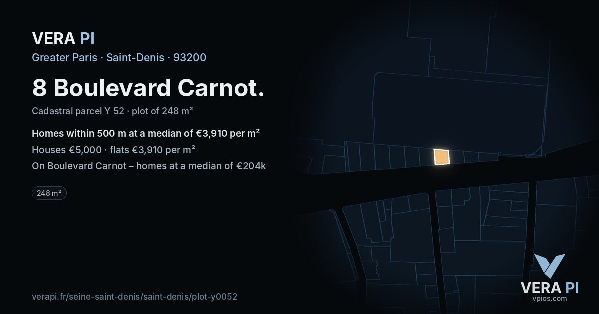 8 Boulevard Carnot, Saint-Denis at night – the plot lit, the parcels around coloured by the prices near them