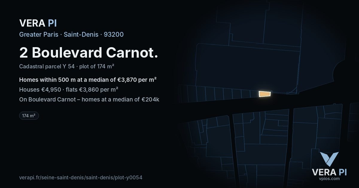 2 Boulevard Carnot, Saint-Denis at night – the plot lit, the parcels around coloured by the prices near them
