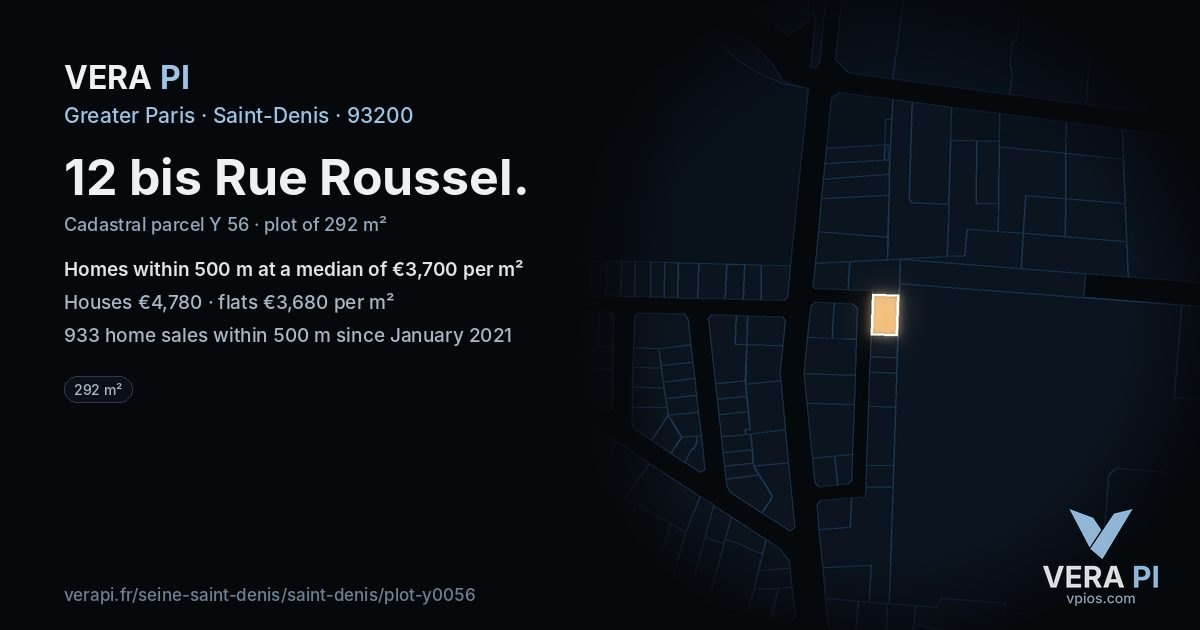 12 bis Rue Roussel, Saint-Denis at night – the plot lit, the parcels around coloured by the prices near them