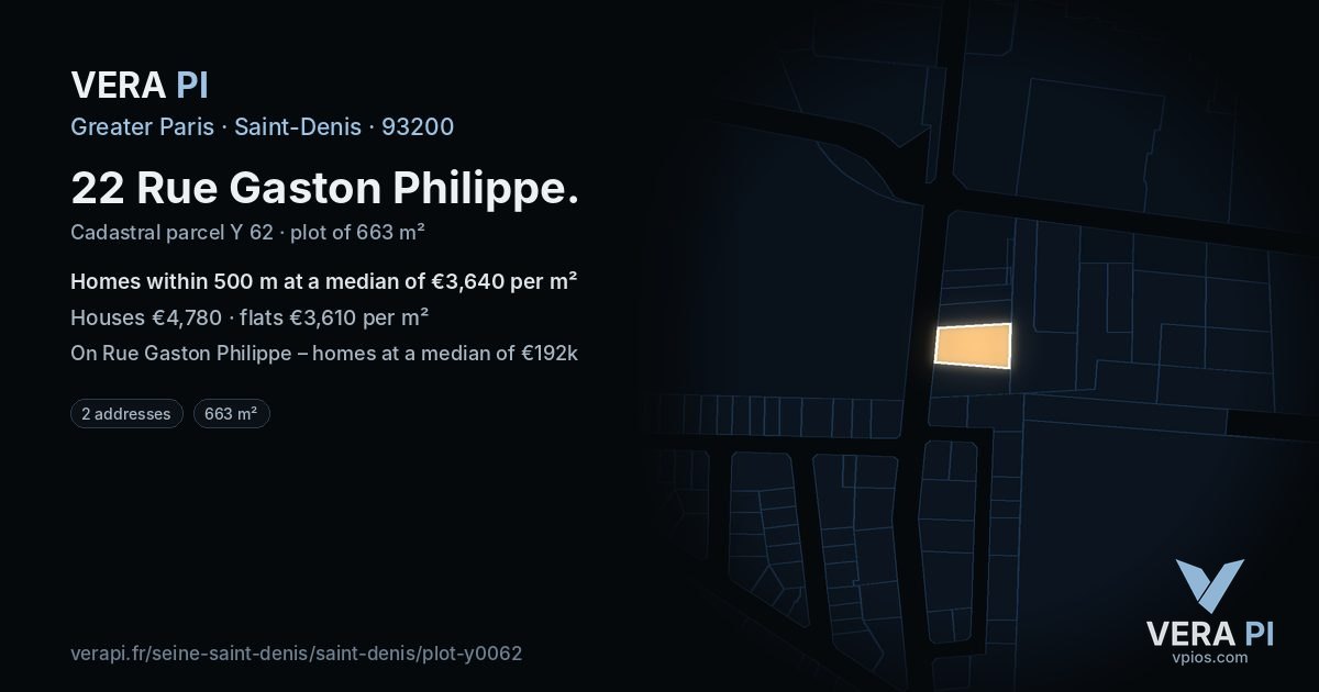 22 Rue Gaston Philippe, Saint-Denis at night – the plot lit, the parcels around coloured by the prices near them