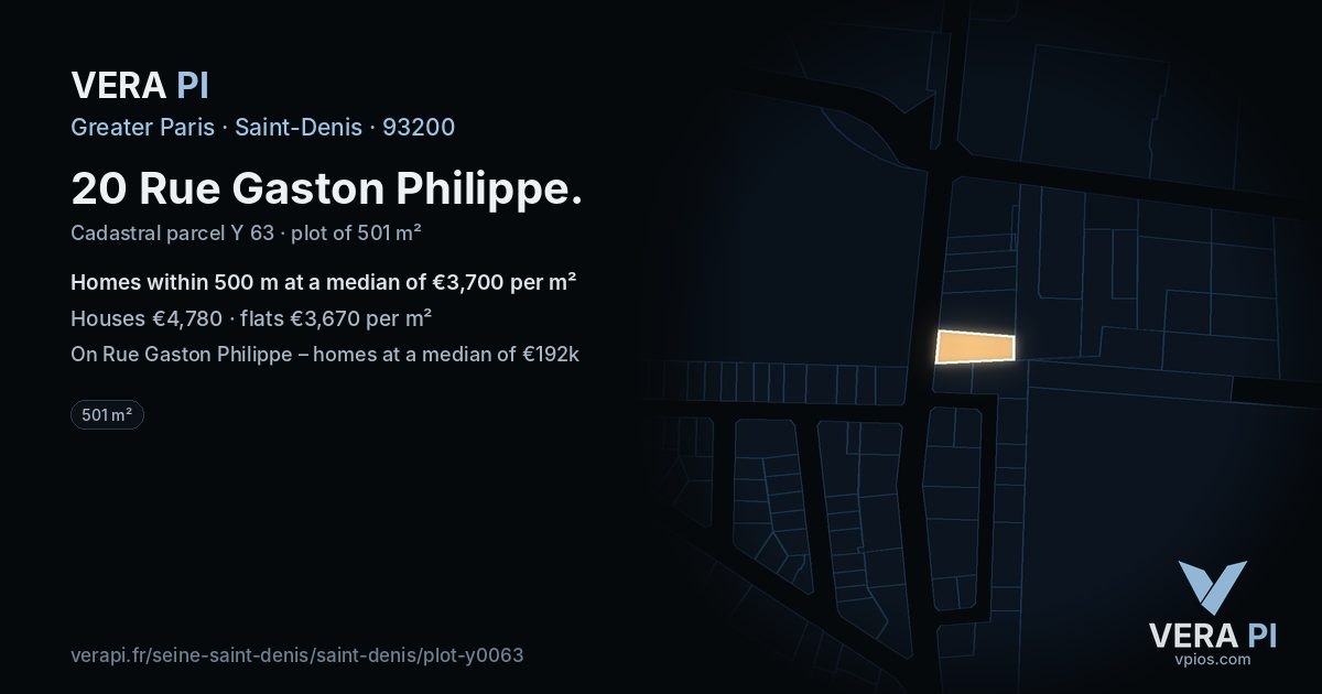 20 Rue Gaston Philippe, Saint-Denis at night – the plot lit, the parcels around coloured by the prices near them