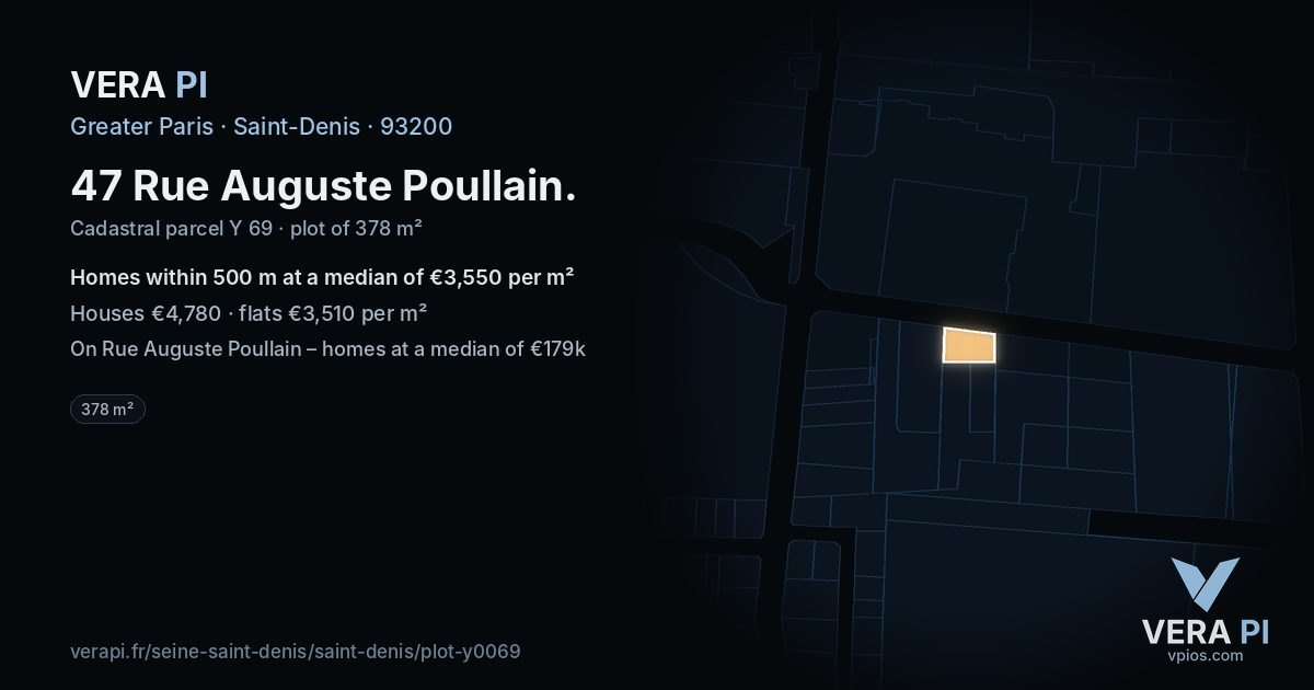 47 Rue Auguste Poullain, Saint-Denis at night – the plot lit, the parcels around coloured by the prices near them
