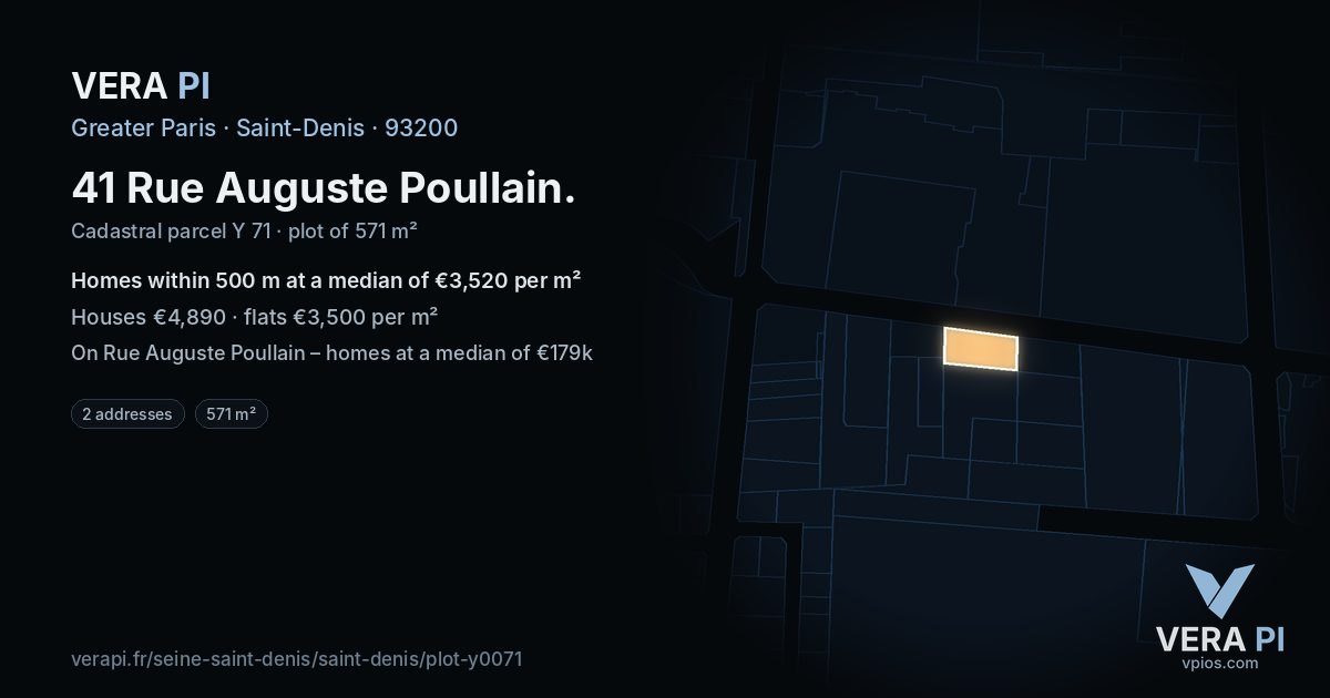 41 Rue Auguste Poullain, Saint-Denis at night – the plot lit, the parcels around coloured by the prices near them