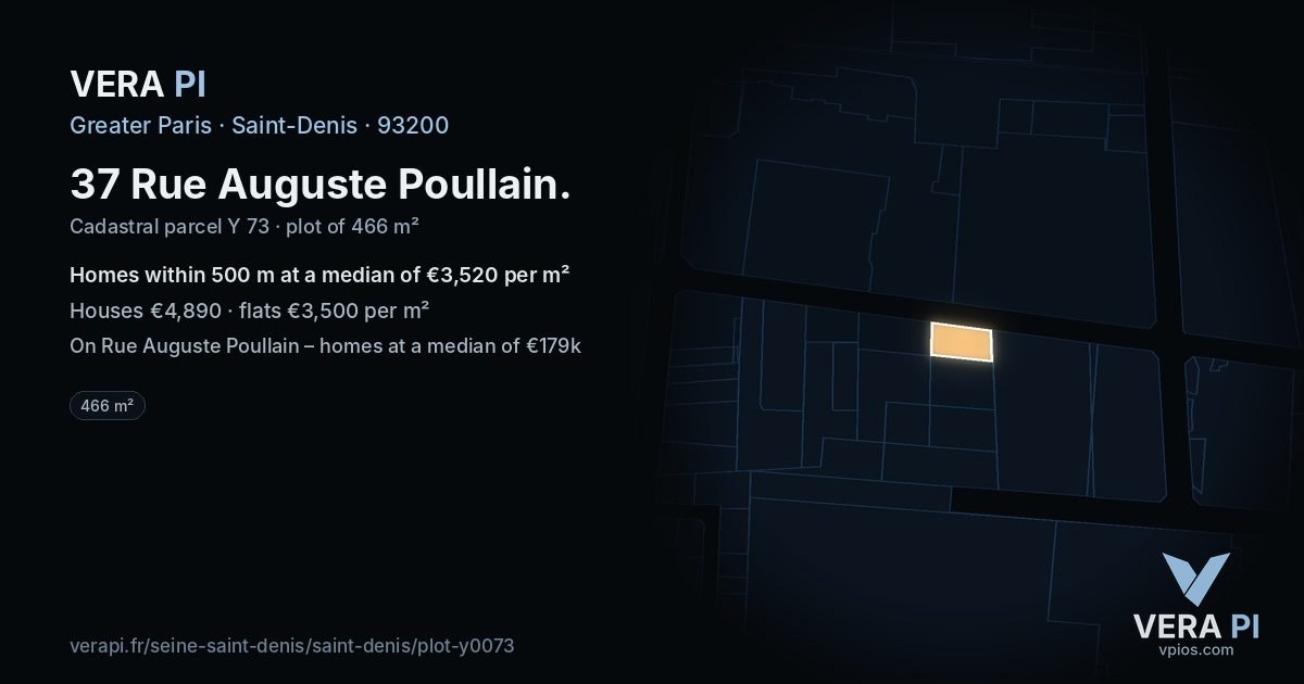 37 Rue Auguste Poullain, Saint-Denis at night – the plot lit, the parcels around coloured by the prices near them