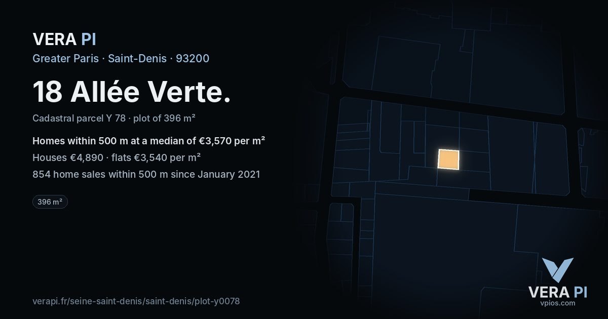 18 Allée Verte, Saint-Denis at night – the plot lit, the parcels around coloured by the prices near them