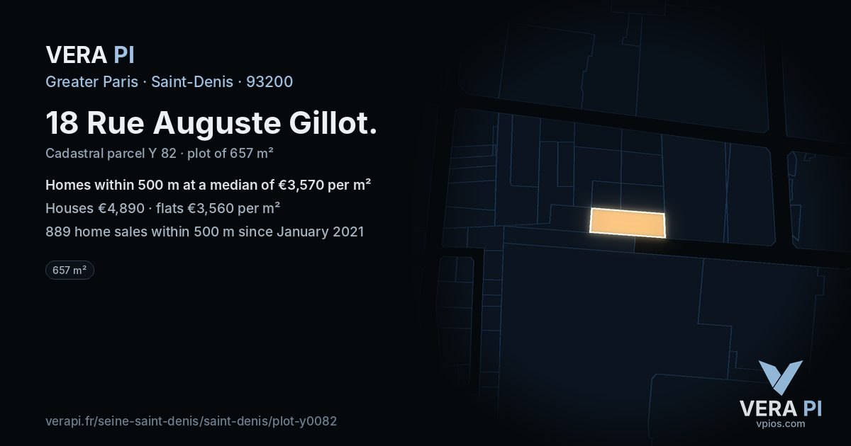 18 Rue Auguste Gillot, Saint-Denis at night – the plot lit, the parcels around coloured by the prices near them