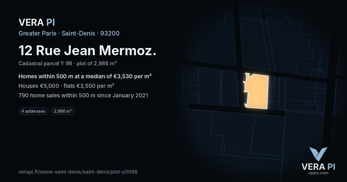 12 Rue Jean Mermoz, Saint-Denis at night – the plot lit, the parcels around coloured by the prices near them