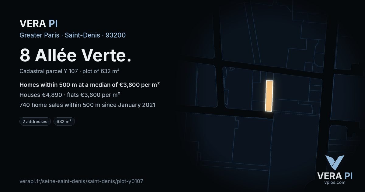 8 Allée Verte, Saint-Denis at night – the plot lit, the parcels around coloured by the prices near them