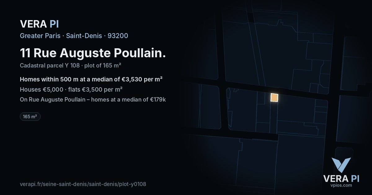 11 Rue Auguste Poullain, Saint-Denis at night – the plot lit, the parcels around coloured by the prices near them