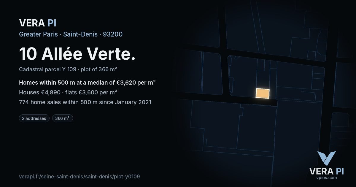 10 Allée Verte, Saint-Denis at night – the plot lit, the parcels around coloured by the prices near them