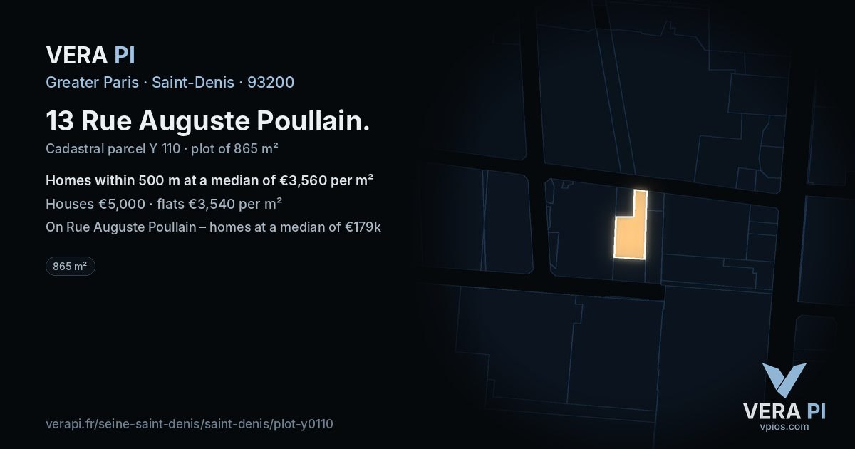 13 Rue Auguste Poullain, Saint-Denis at night – the plot lit, the parcels around coloured by the prices near them