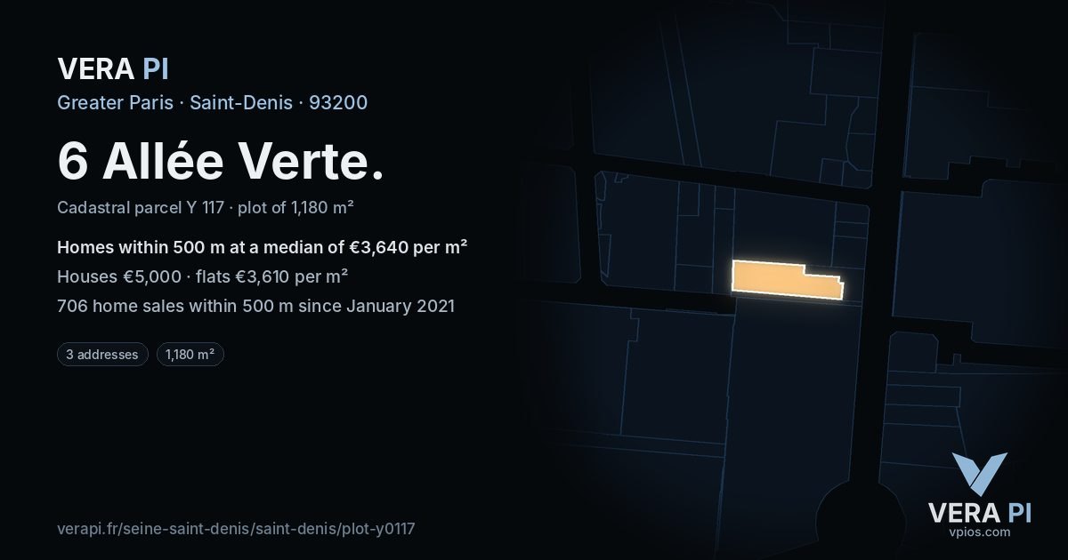 6 Allée Verte, Saint-Denis at night – the plot lit, the parcels around coloured by the prices near them