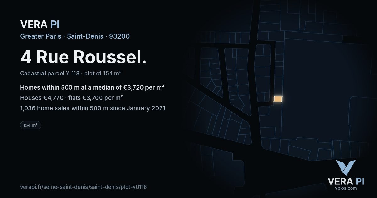 4 Rue Roussel, Saint-Denis at night – the plot lit, the parcels around coloured by the prices near them