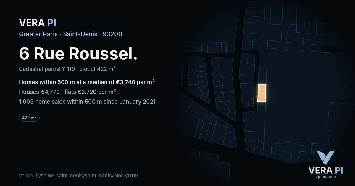 6 Rue Roussel, Saint-Denis at night – the plot lit, the parcels around coloured by the prices near them