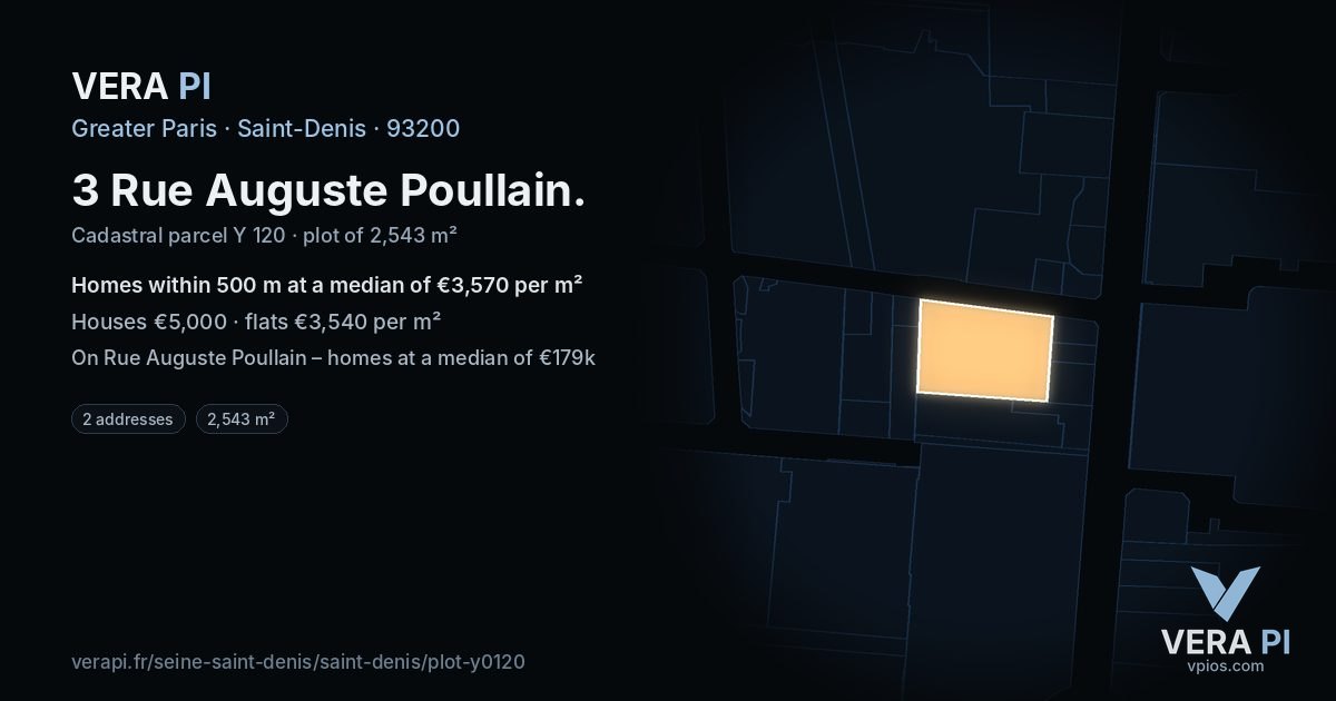 3 Rue Auguste Poullain, Saint-Denis at night – the plot lit, the parcels around coloured by the prices near them