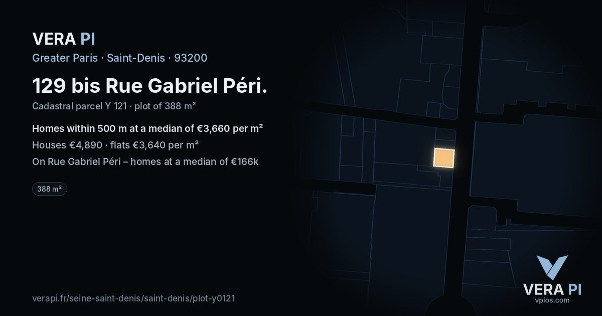 129 bis Rue Gabriel Péri, Saint-Denis at night – the plot lit, the parcels around coloured by the prices near them