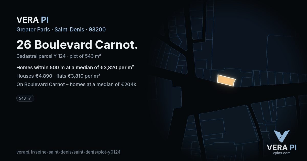 26 Boulevard Carnot, Saint-Denis at night – the plot lit, the parcels around coloured by the prices near them
