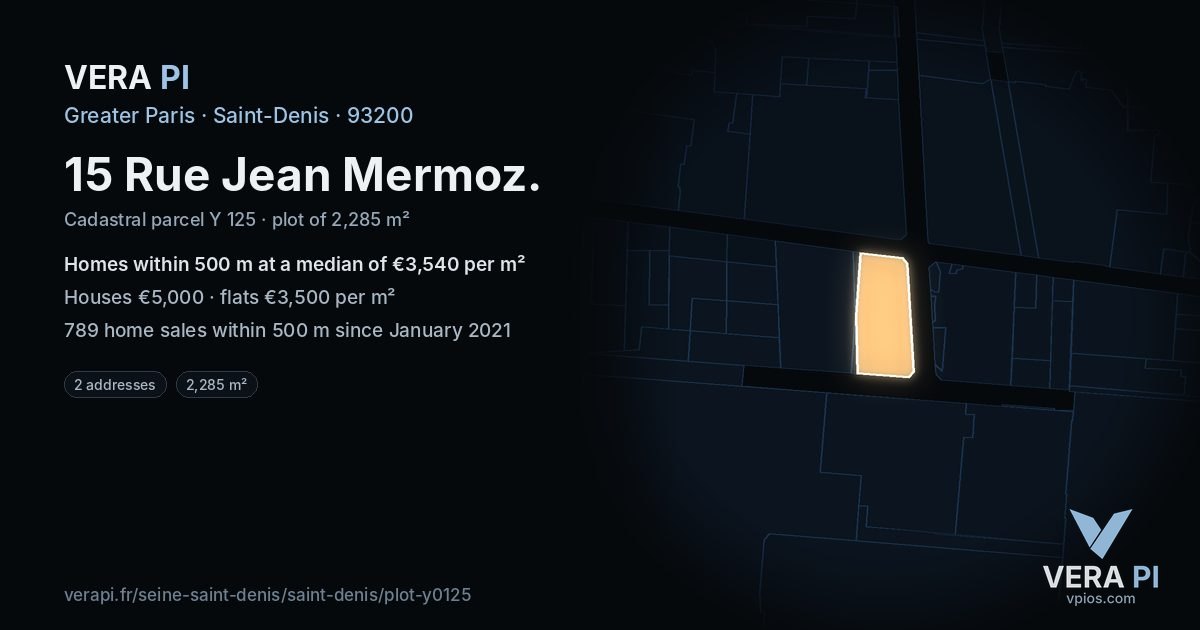15 Rue Jean Mermoz, Saint-Denis at night – the plot lit, the parcels around coloured by the prices near them