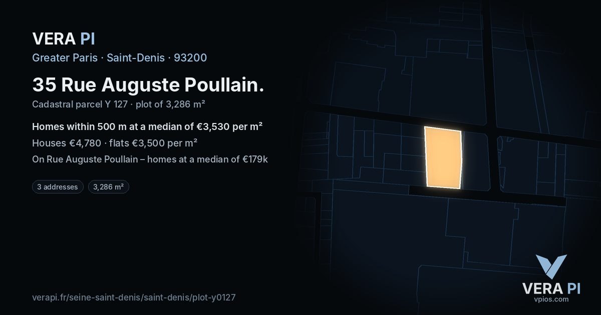 35 Rue Auguste Poullain, Saint-Denis at night – the plot lit, the parcels around coloured by the prices near them