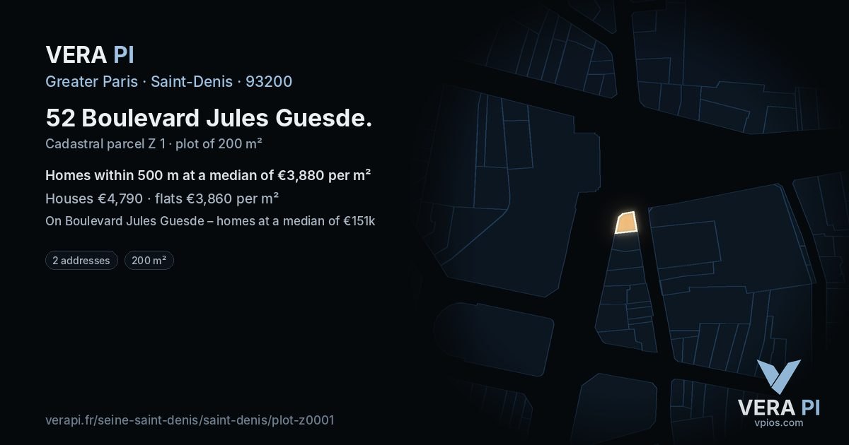 52 Boulevard Jules Guesde, Saint-Denis at night – the plot lit, the parcels around coloured by the prices near them