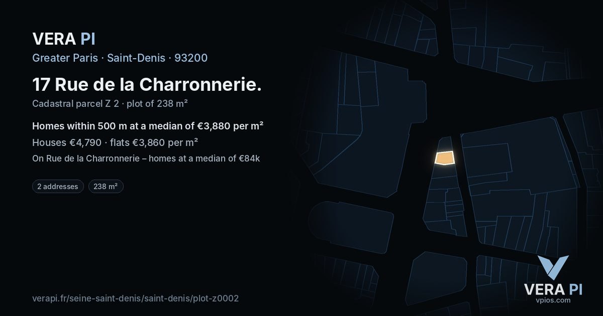 17 Rue de la Charronnerie, Saint-Denis at night – the plot lit, the parcels around coloured by the prices near them