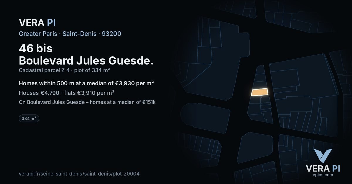 46 bis Boulevard Jules Guesde, Saint-Denis at night – the plot lit, the parcels around coloured by the prices near them