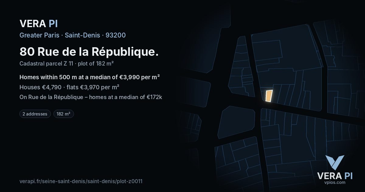 80 Rue de la République, Saint-Denis at night – the plot lit, the parcels around coloured by the prices near them