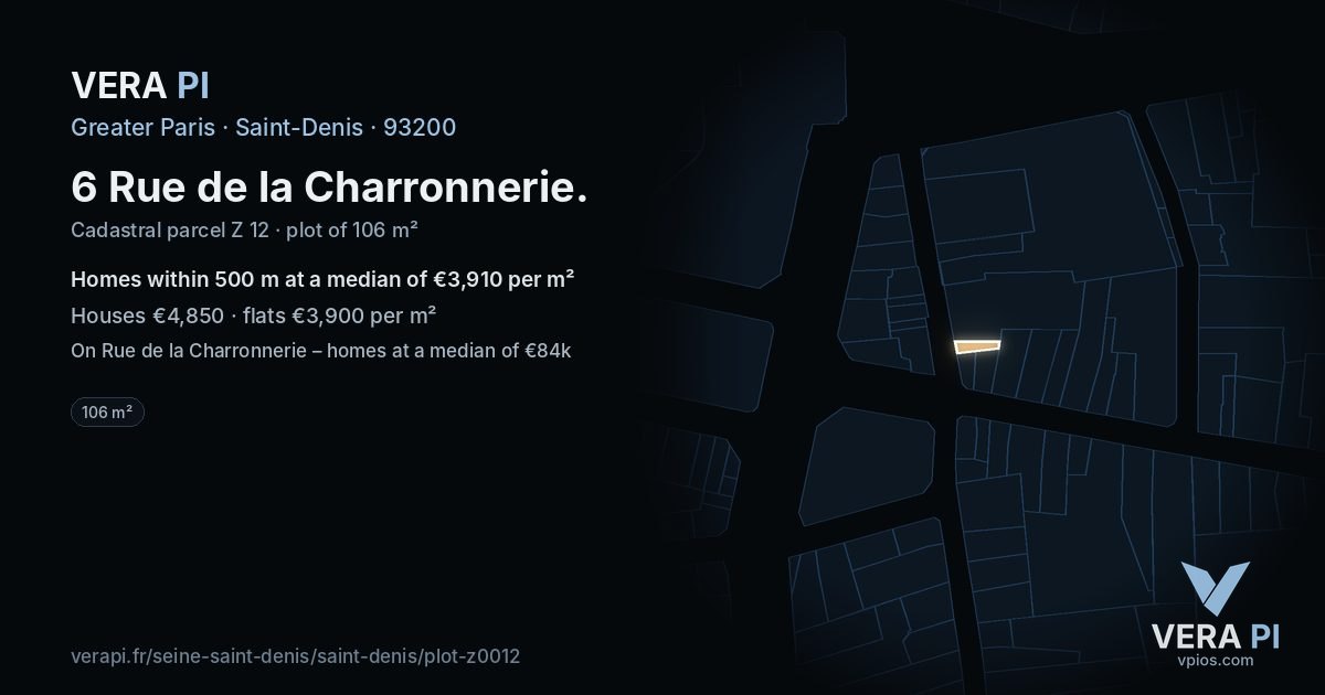 6 Rue de la Charronnerie, Saint-Denis at night – the plot lit, the parcels around coloured by the prices near them