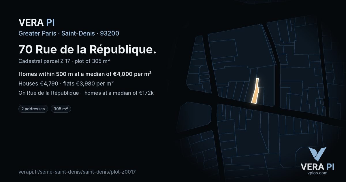 70 Rue de la République, Saint-Denis at night – the plot lit, the parcels around coloured by the prices near them