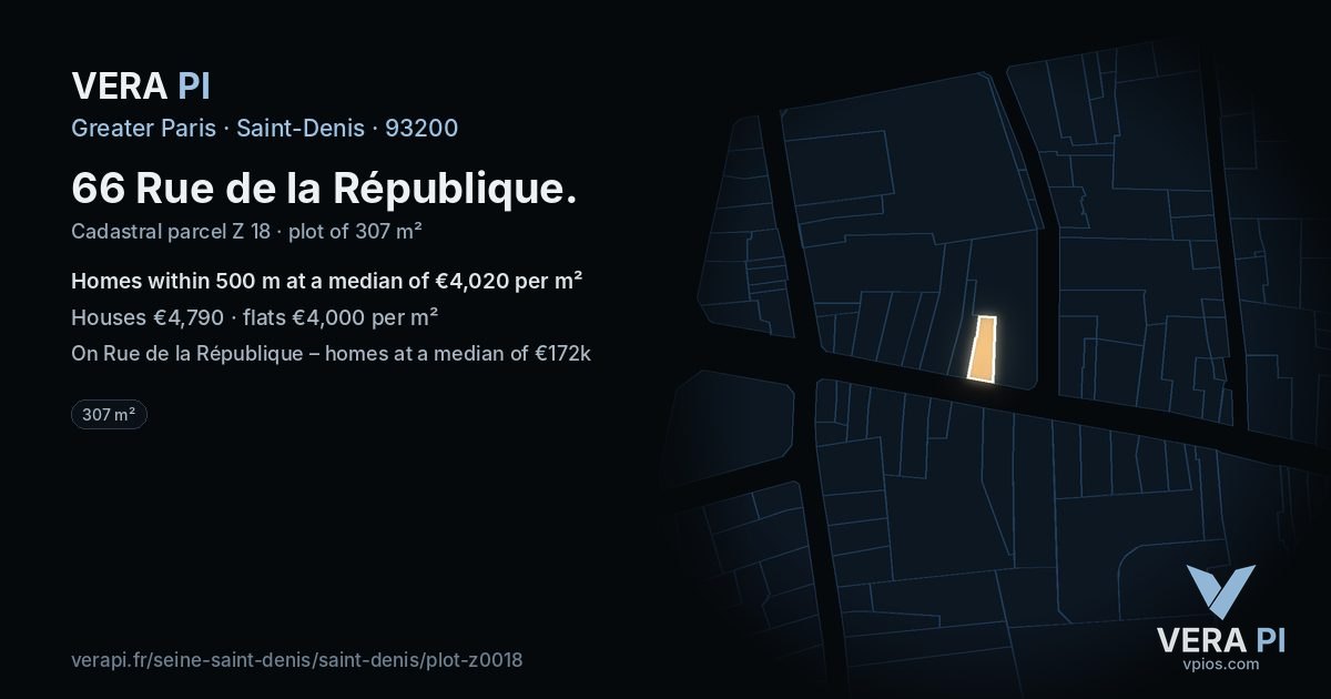 66 Rue de la République, Saint-Denis at night – the plot lit, the parcels around coloured by the prices near them