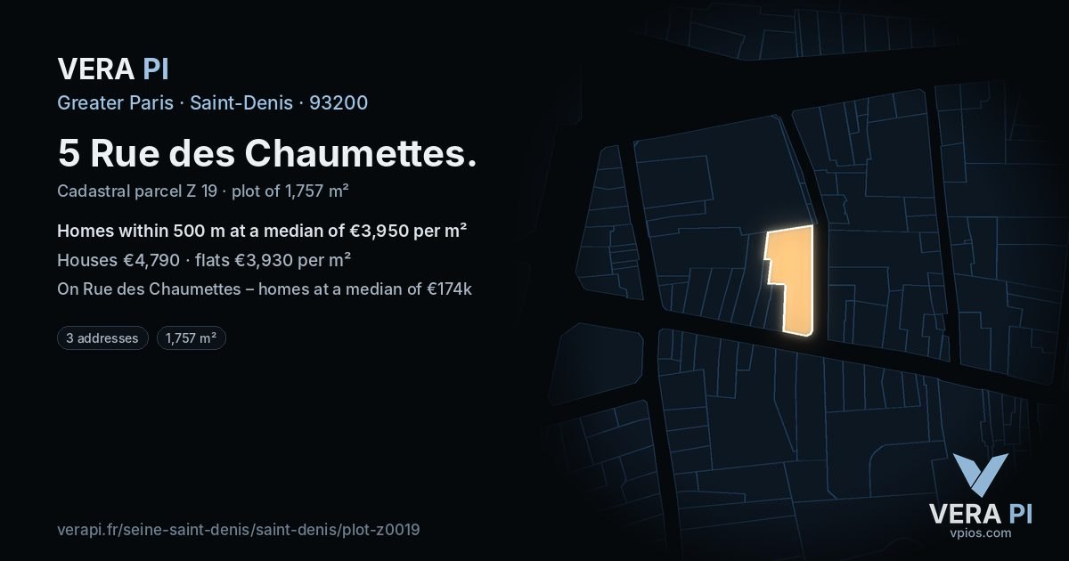 5 Rue des Chaumettes, Saint-Denis at night – the plot lit, the parcels around coloured by the prices near them