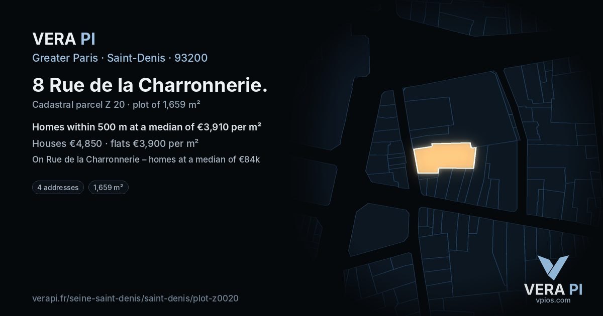 8 Rue de la Charronnerie, Saint-Denis at night – the plot lit, the parcels around coloured by the prices near them