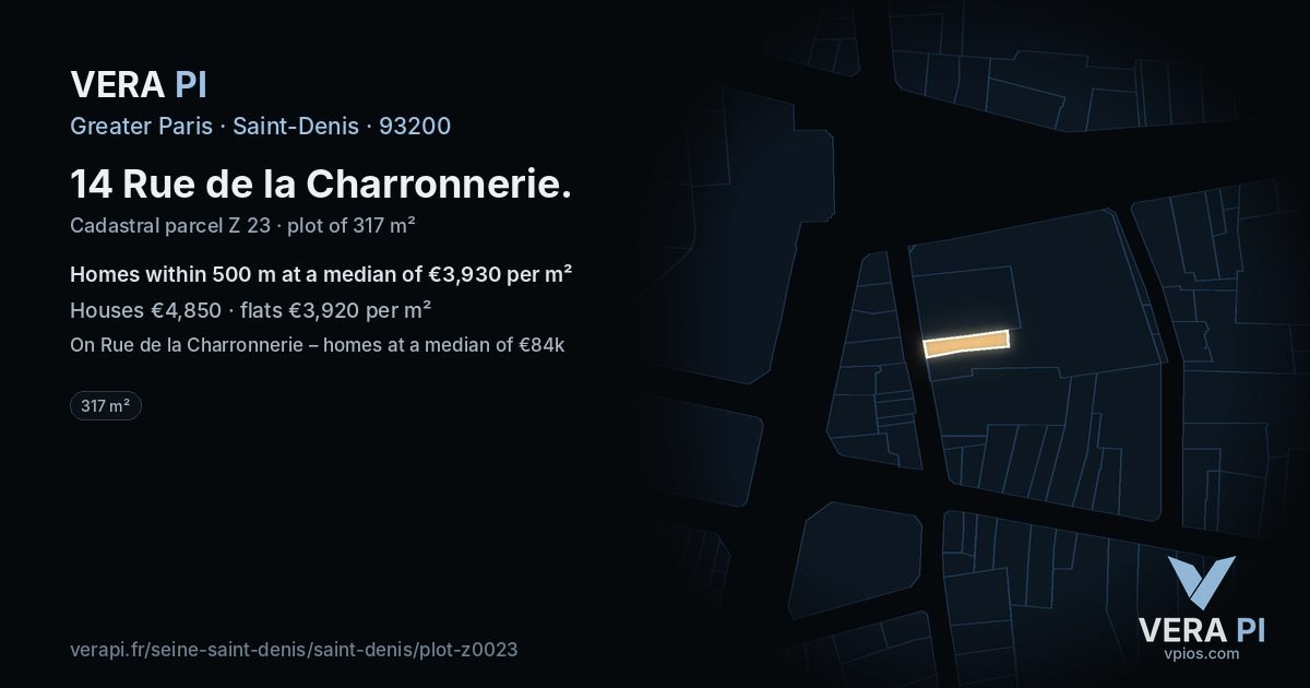 14 Rue de la Charronnerie, Saint-Denis at night – the plot lit, the parcels around coloured by the prices near them