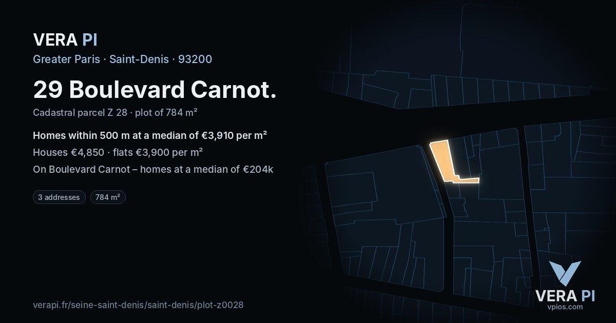 29 Boulevard Carnot, Saint-Denis at night – the plot lit, the parcels around coloured by the prices near them