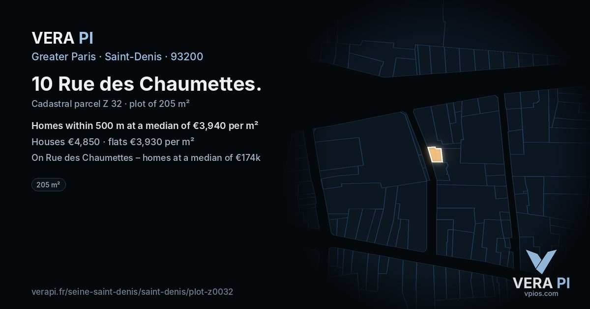 10 Rue des Chaumettes, Saint-Denis at night – the plot lit, the parcels around coloured by the prices near them