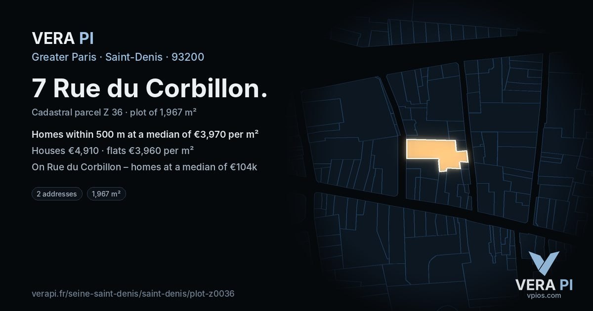 7 Rue du Corbillon, Saint-Denis at night – the plot lit, the parcels around coloured by the prices near them