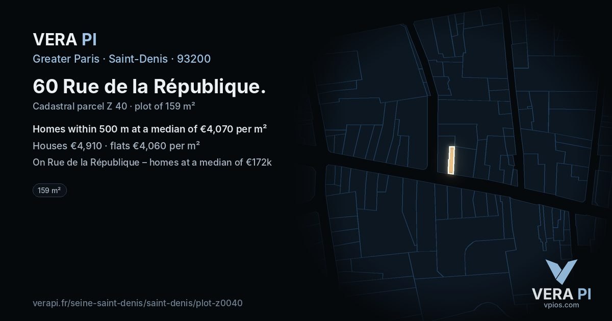 60 Rue de la République, Saint-Denis at night – the plot lit, the parcels around coloured by the prices near them