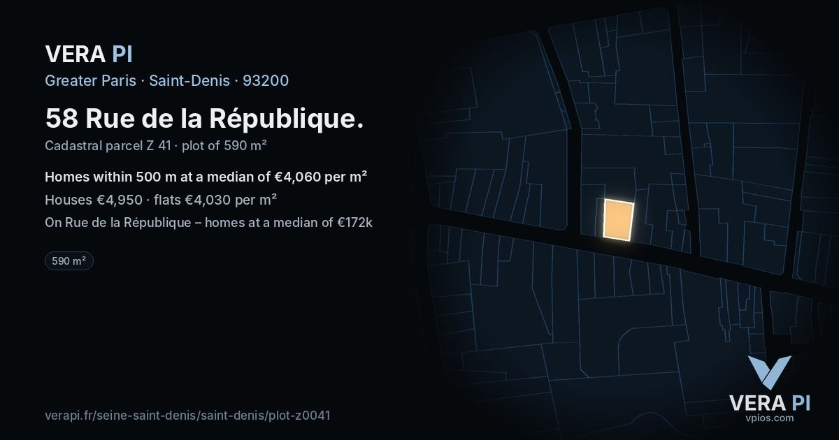 58 Rue de la République, Saint-Denis at night – the plot lit, the parcels around coloured by the prices near them