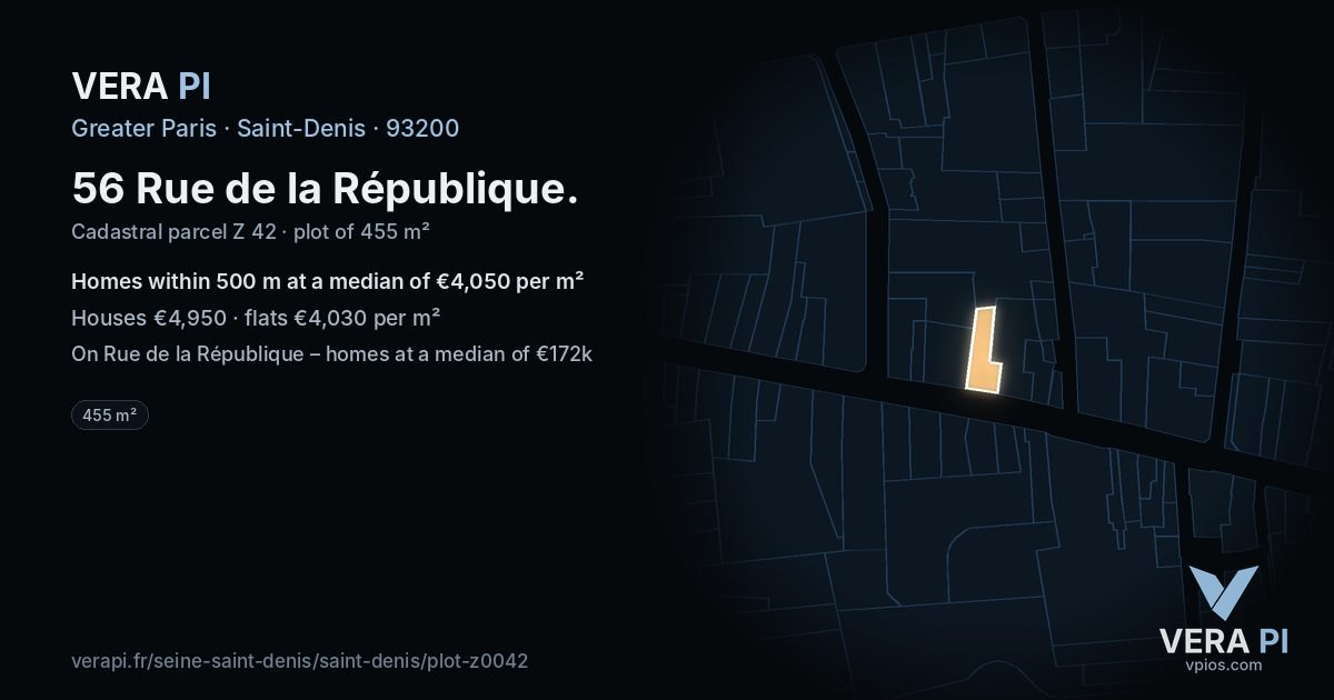 56 Rue de la République, Saint-Denis at night – the plot lit, the parcels around coloured by the prices near them
