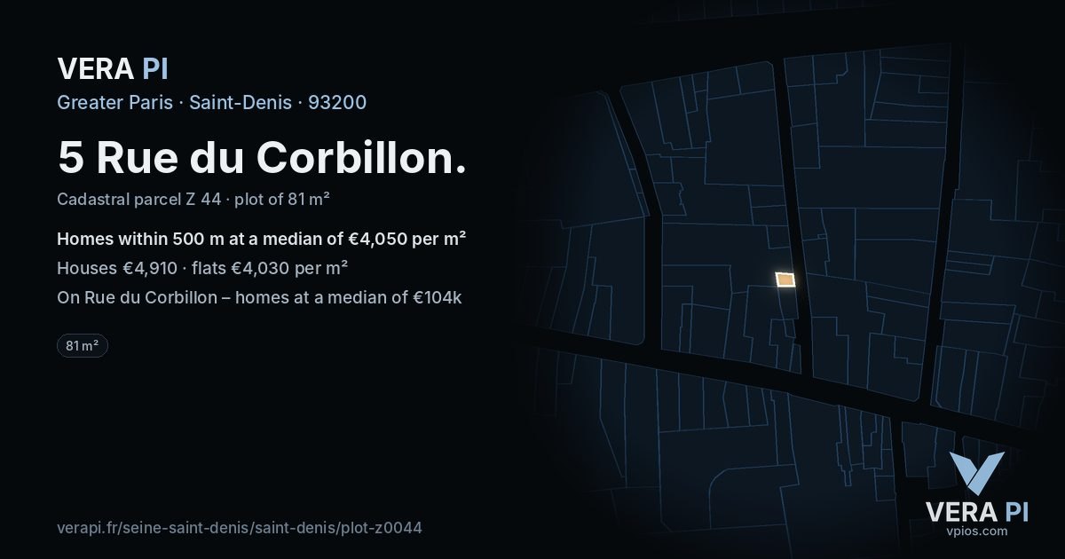 5 Rue du Corbillon, Saint-Denis at night – the plot lit, the parcels around coloured by the prices near them