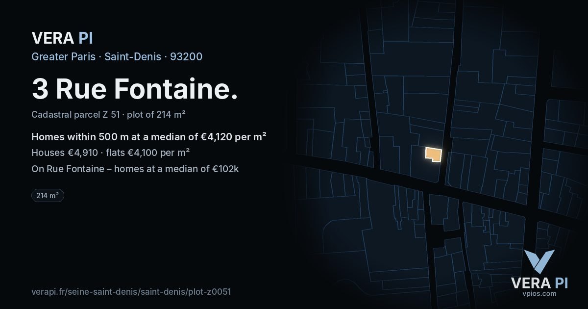 3 Rue Fontaine, Saint-Denis at night – the plot lit, the parcels around coloured by the prices near them