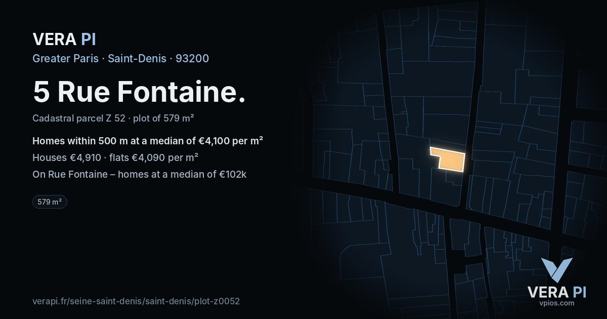 5 Rue Fontaine, Saint-Denis at night – the plot lit, the parcels around coloured by the prices near them